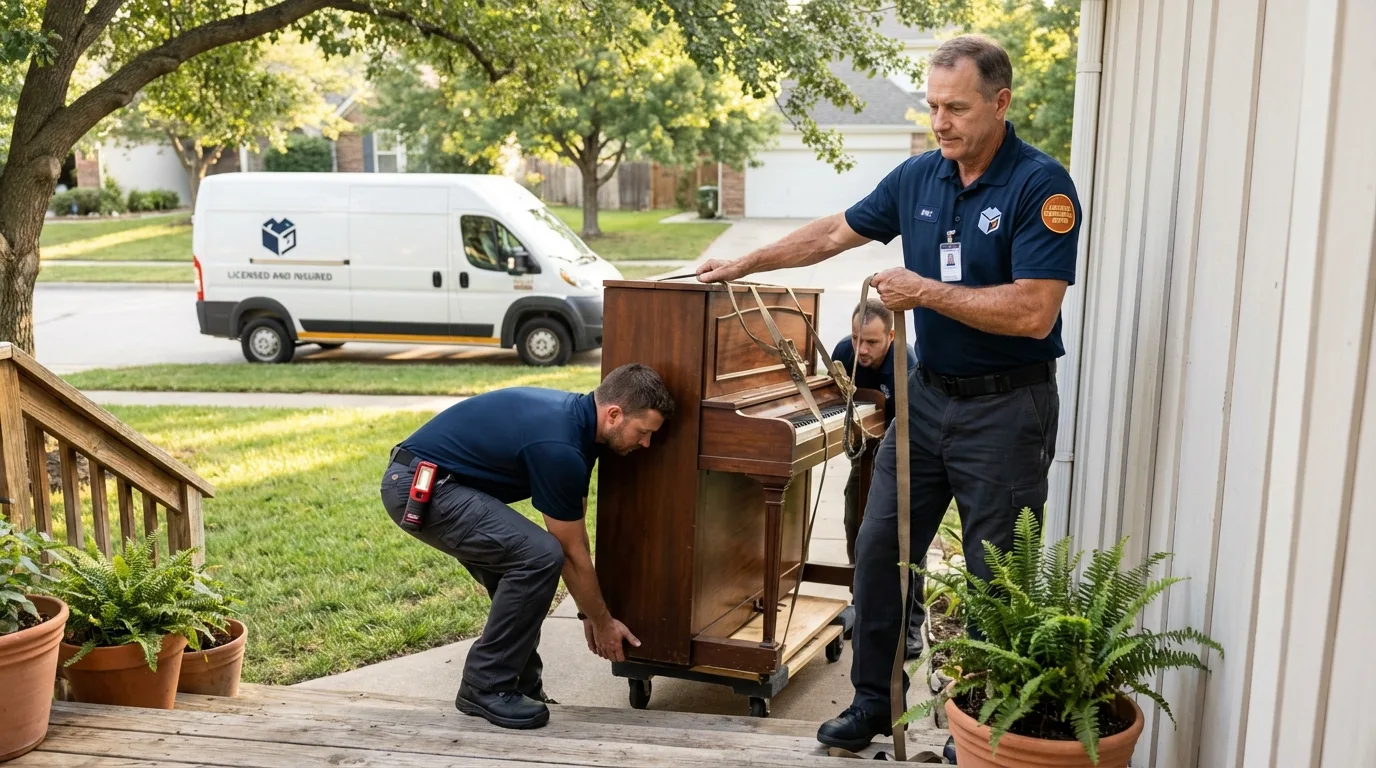 Licensed piano movers securing grand piano in Selma, NC