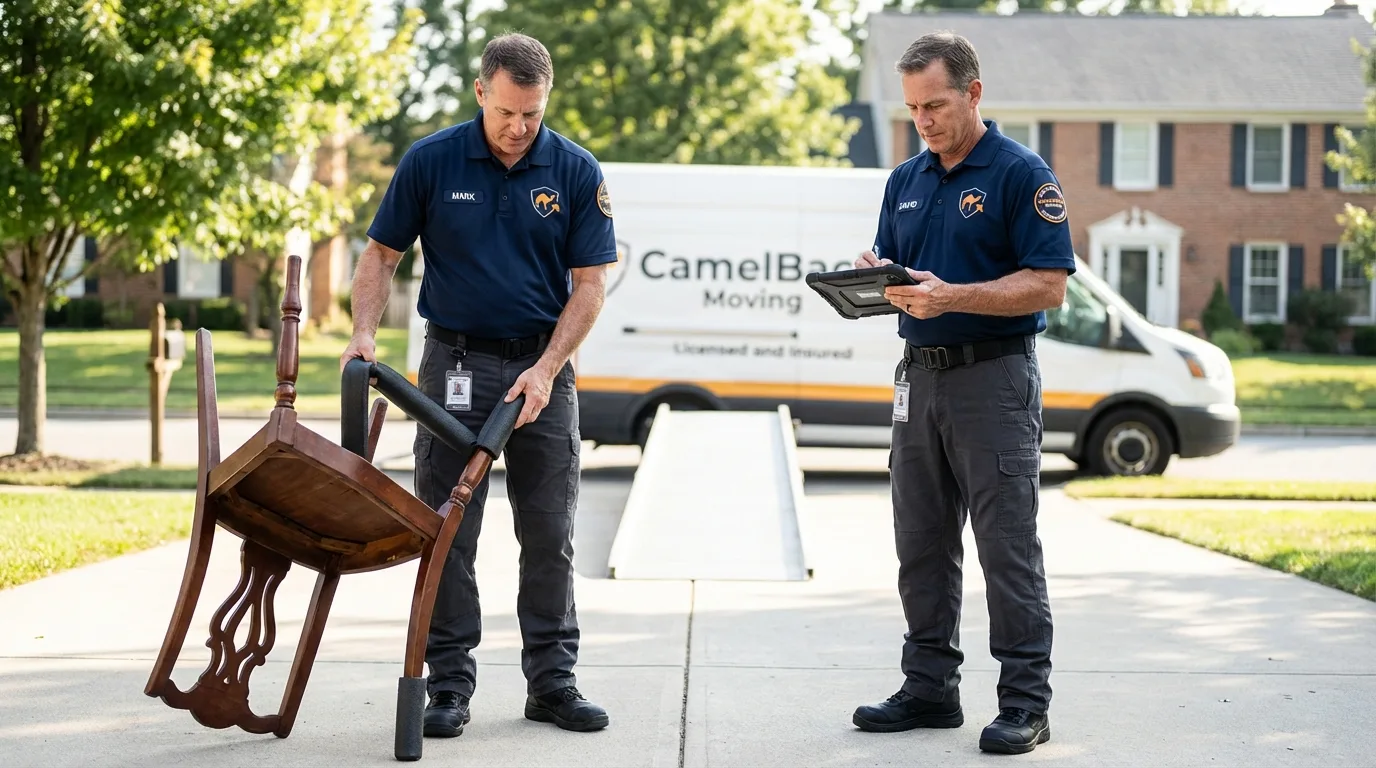 Movers inspecting furniture for damage prevention before loading in Selma, NC