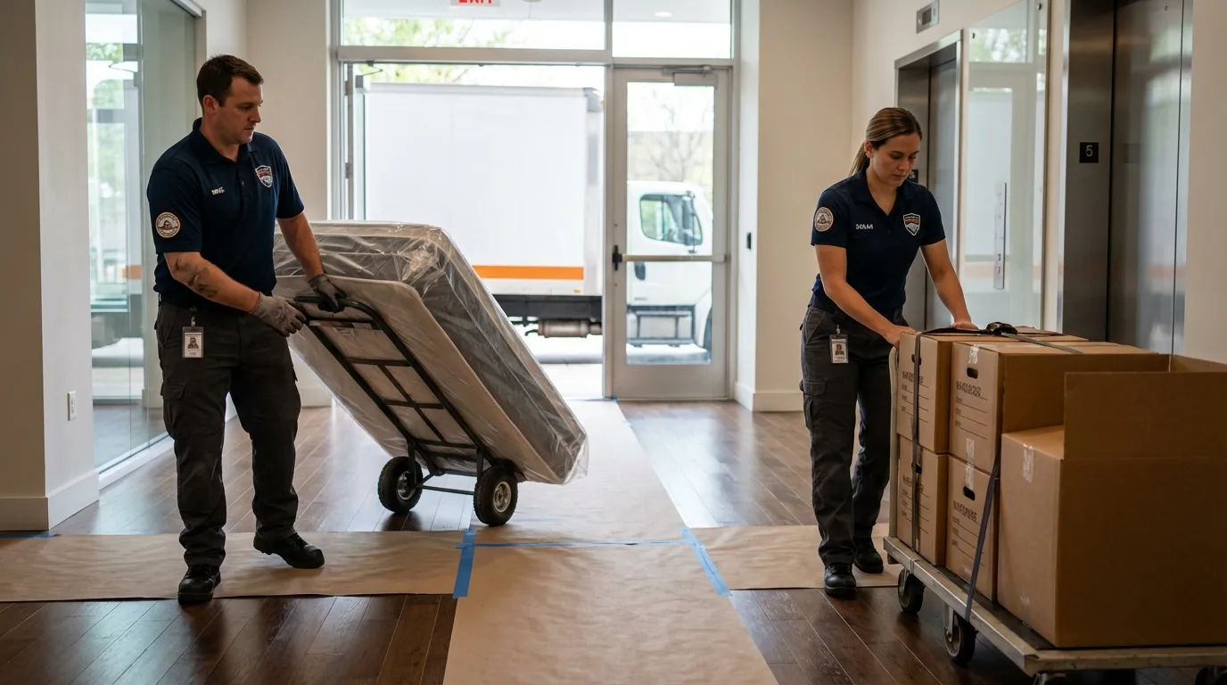 Professional apartment movers loading elevator in Selma, NC